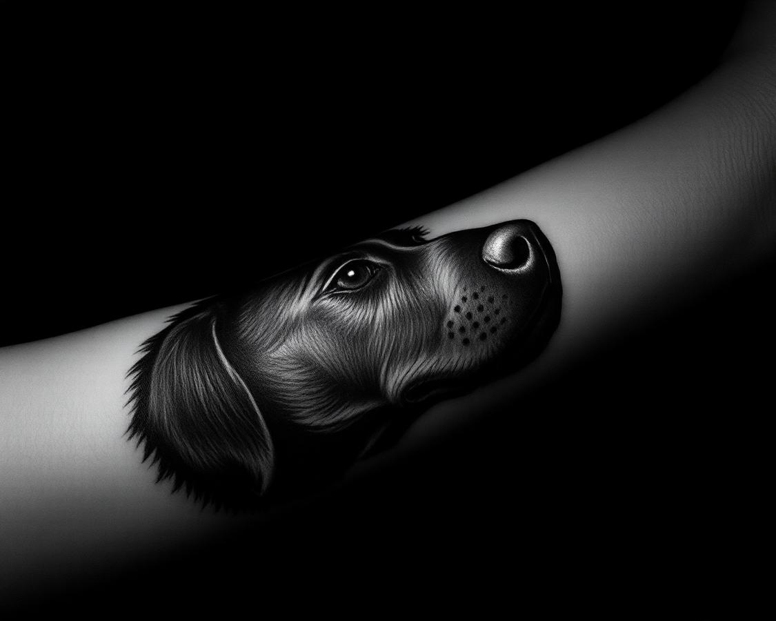Realism dog portrait tattoo on a forearm