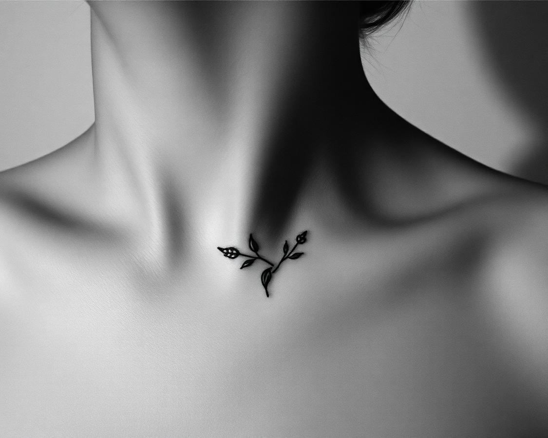 Minimal botanical fineline tattoo on a collarbone